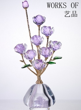 单只礼盒装-轻奢9朵紫色玫瑰金杆桌面摆件装饰流沙瓶紫玫瑰摆件