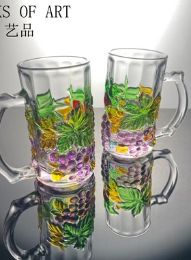 拍一发二-轻奢手绘葡萄高杯玻璃杯带把家用水杯
