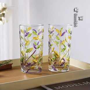 拍一发二 轻奢人工手绘树叶杯无铅水晶玻璃彩绘喝茶杯喝水杯