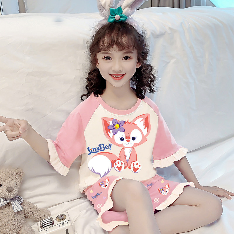 女童睡衣短袖套装夏季女孩家居服亲子中大童夏天纯棉儿童短裤薄款