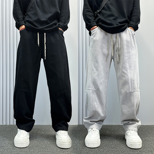 美式潮牌圆月弯刀裤男士秋季宽松阔腿休闲裤纯色斜切高街直筒裤子