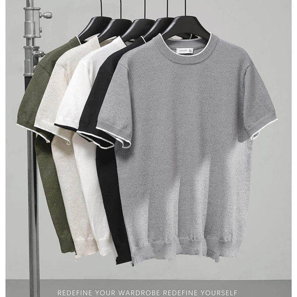 新款短袖修身T恤男士撞色圆领针织衫简约百搭上衣韩系轻奢风体恤