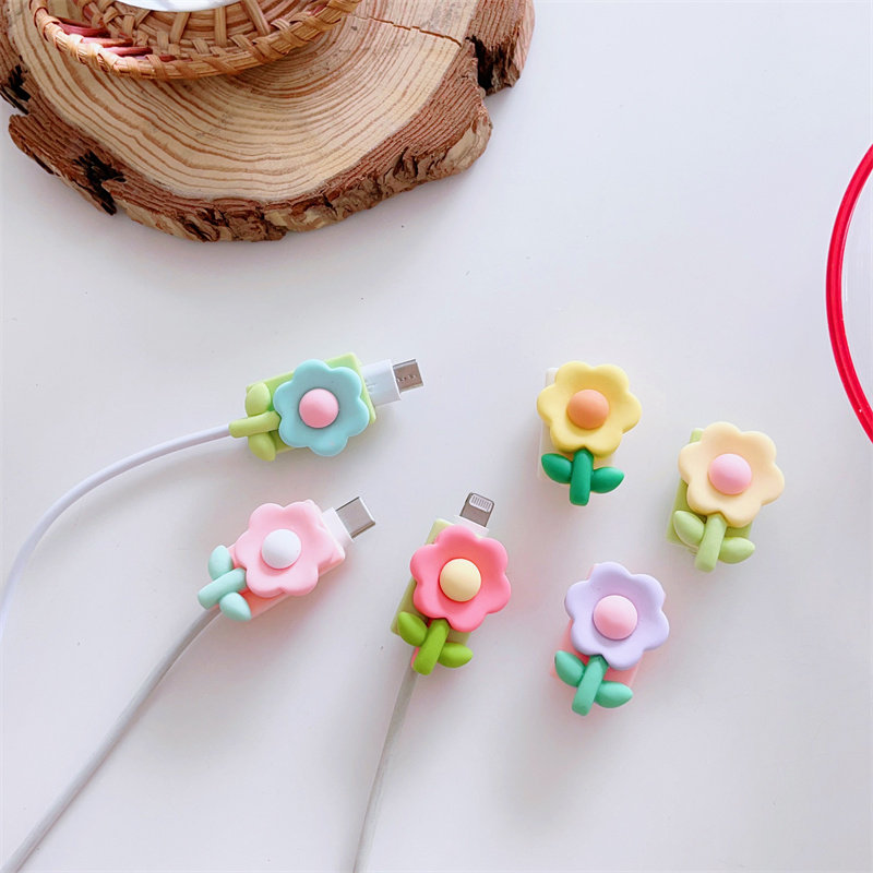 韩风diy数据线保护套放折断咬断充电线花朵女款配件配饰保护头硅胶