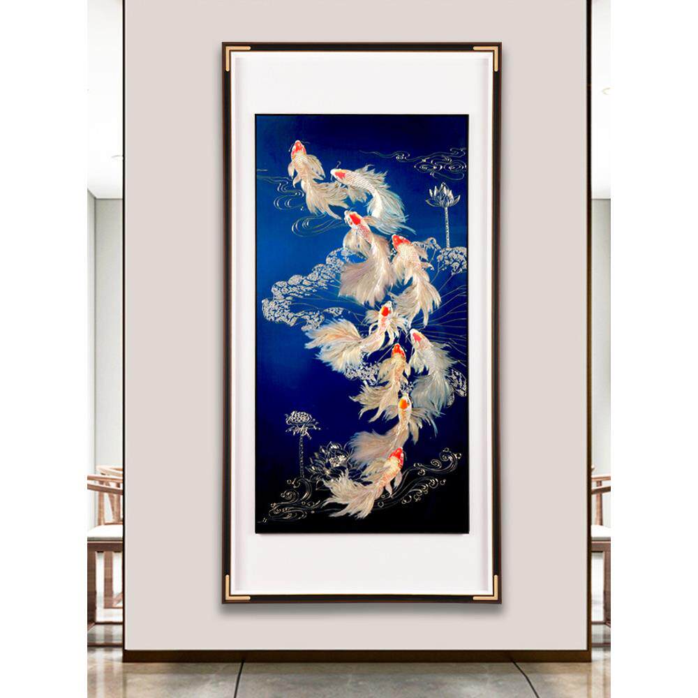 入口入口装饰画莲花九鱼画挂画铜雕画客厅典雅大气2025新走廊