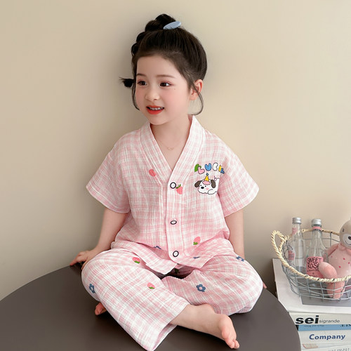 女童睡衣夏季短袖薄款纯棉纱布儿童家居服中小童女孩宝宝空调套装