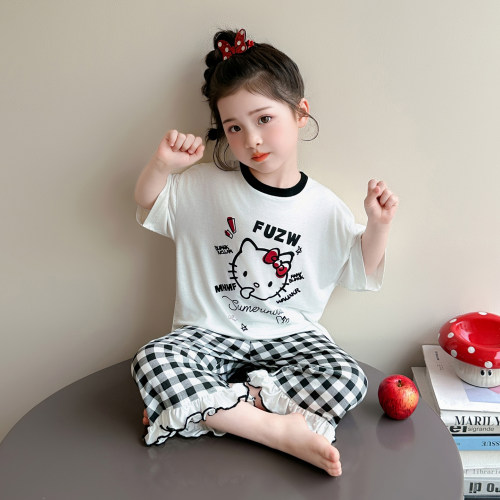 女童莫代尔睡衣2026新款夏季薄款短袖卡通宝宝空调儿童家居服套装