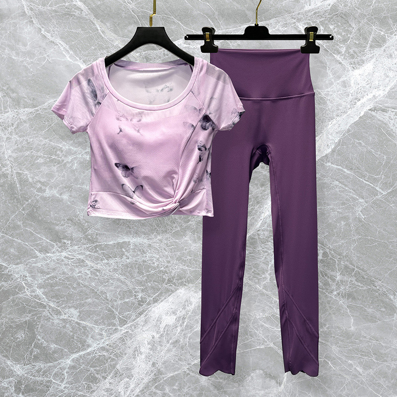 彩色普拉提瑜伽服女套装2025新款时尚带胸垫网纱运动健身短袖上衣