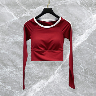 安可拉红色瑜伽服上衣女高级感2025新款带胸垫运动健身训练服长袖