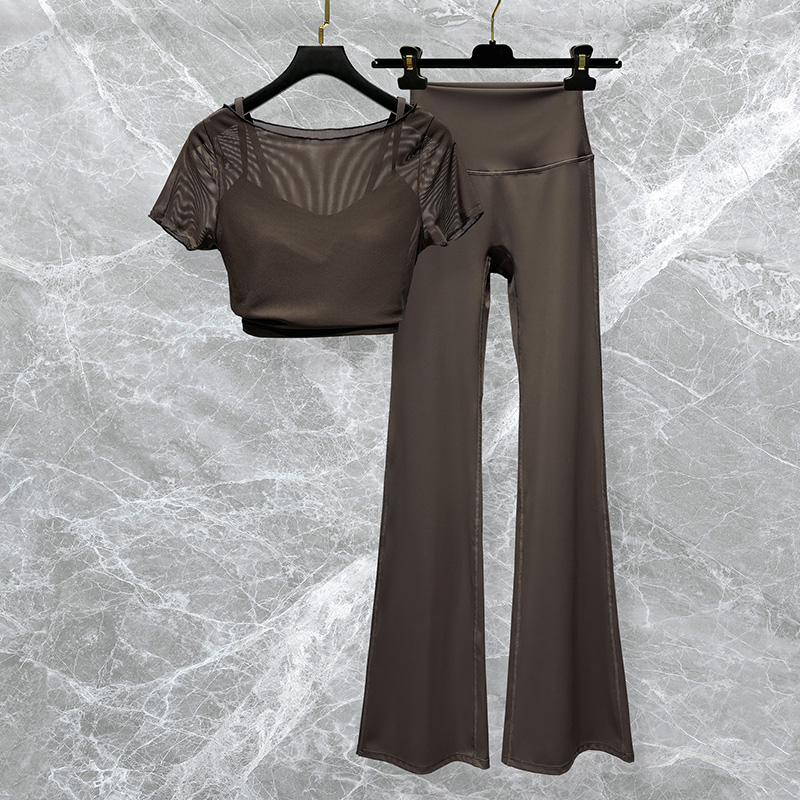 瑜伽服套装女2025新款假两件网纱