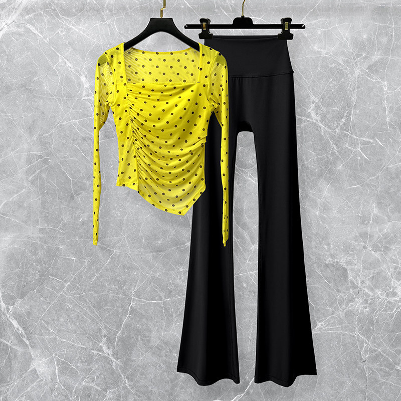 黄色波点瑜伽服套装女2026新款长袖不规则运动健身训练上衣喇叭裤