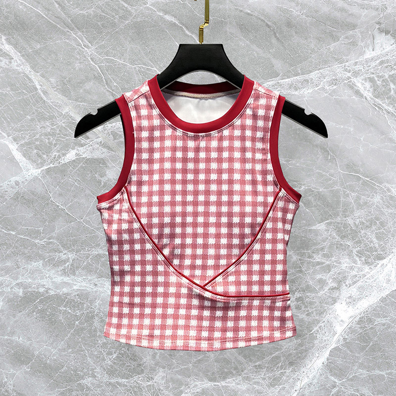 2025新款圣诞红色格子瑜伽背心女高级感带胸垫专业运动健身服上衣