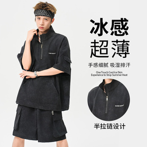 壹秋家 休闲运动套装夏季薄款透气扎染短袖工装短裤两件套情侣装