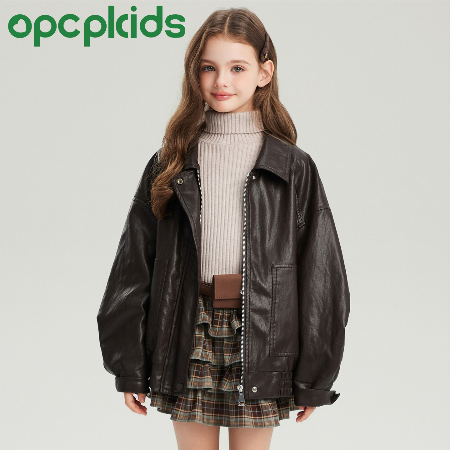 OPCP女童PU机车皮衣秋冬酷帅