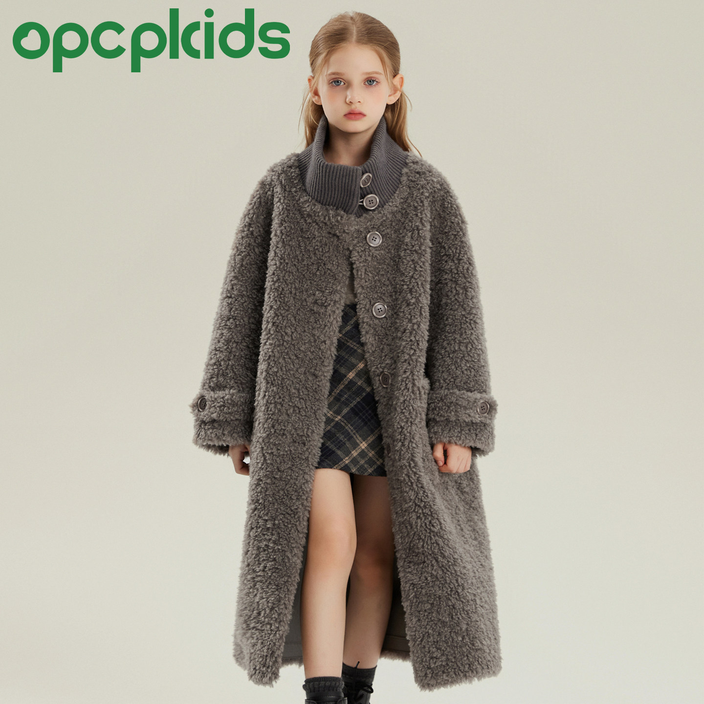 OPCP女童冬季毛绒立领大衣