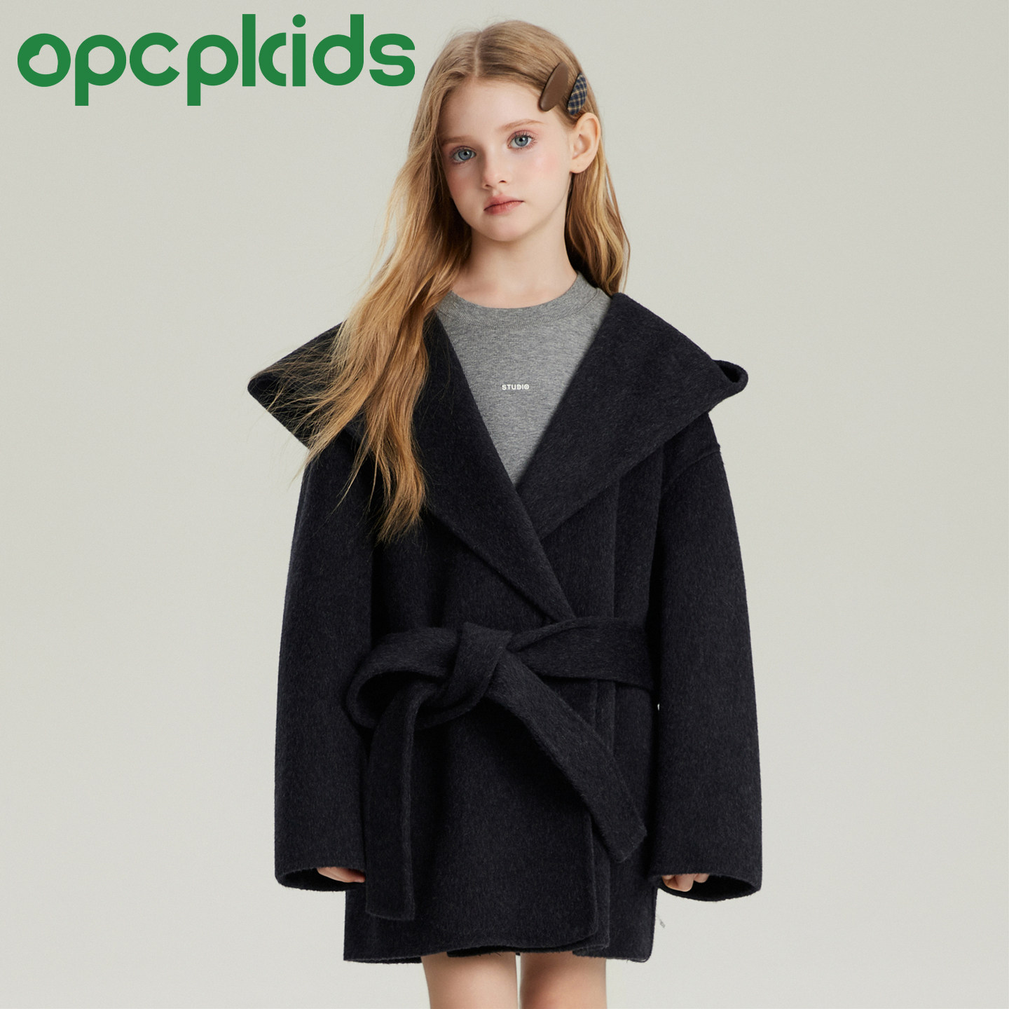 OPCP女童连帽双面羊绒大衣秋冬