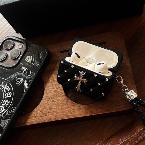 苹果耳机airpods耳机保护套十字架镶钻菱格纹皮质防摔先小香风高级感适用airpodspro2保护套新4代airpods3