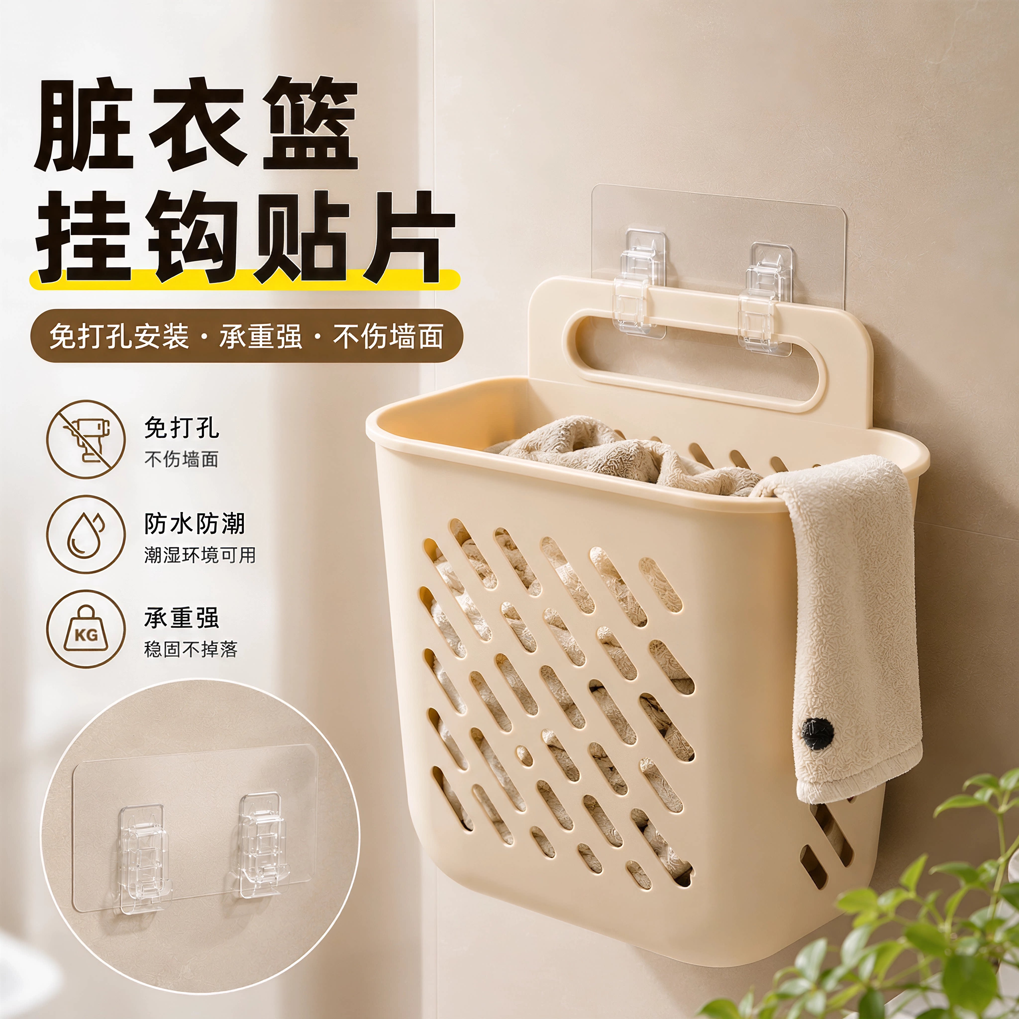 脏衣篓挂钩浴室壁挂免打孔强力胶贴衣篮加长卡扣双钩脏衣收纳框贴