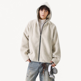 深灰色粗纺仿羊绒开衫外套男秋冬cleanfit高级感慵懒风连帽夹克