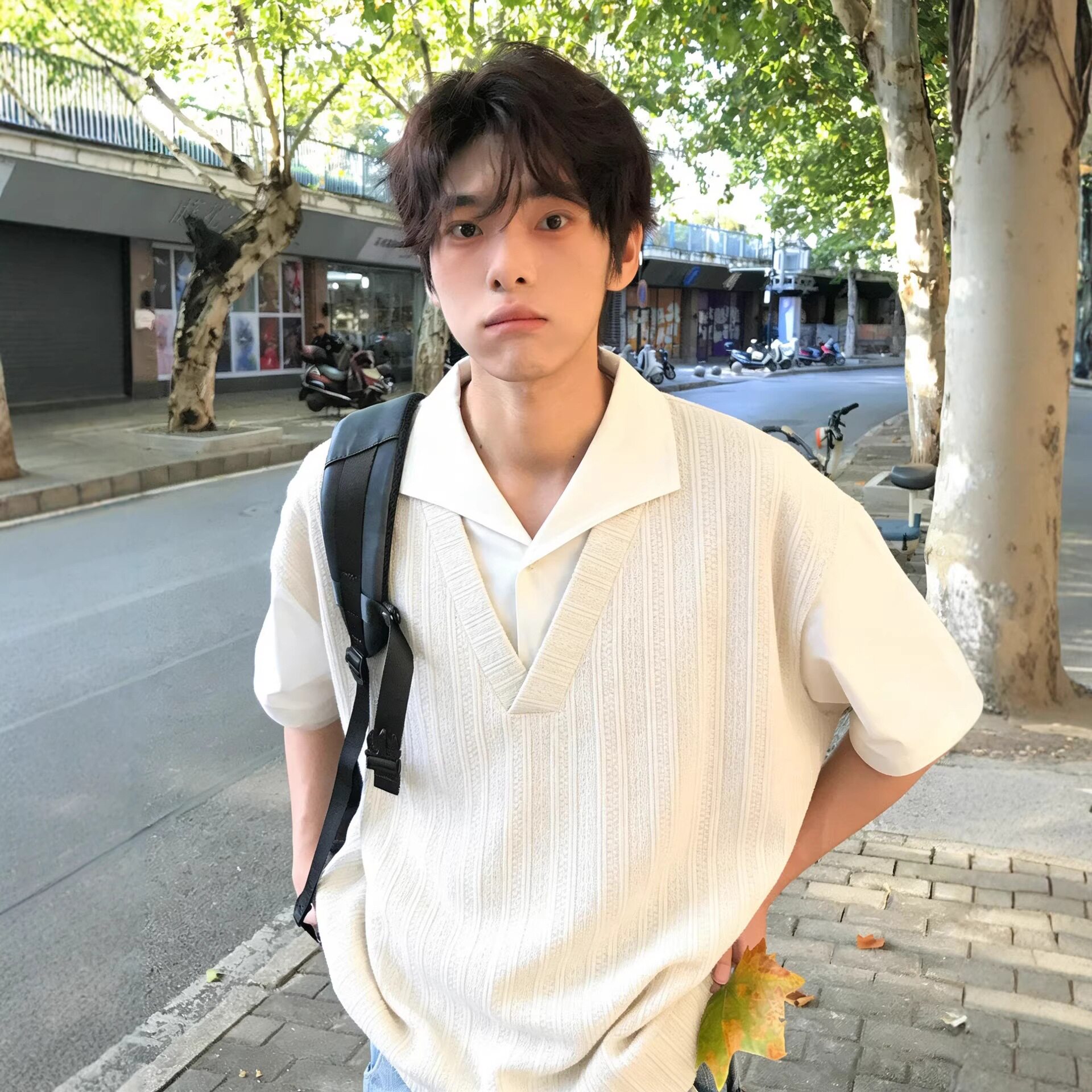 杏色麦穗纹假两件Polo衫