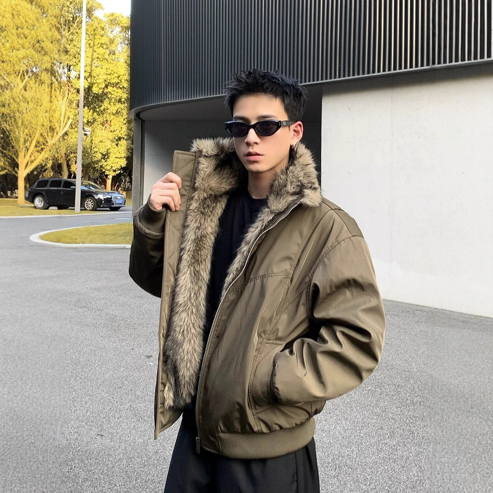 美式复古座山雕毛领加厚棉服