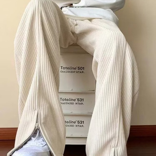 休闲阔腿裤 美式 男款 子百搭高级感春秋拉链直筒裤 杏色灯芯绒裤