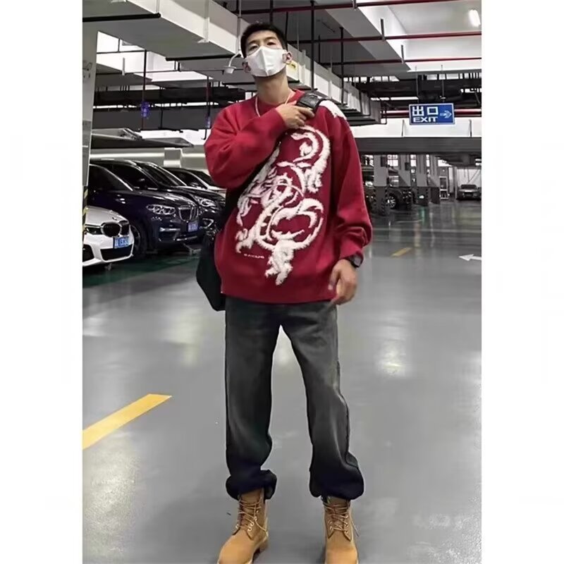 新款圆领红色毛衣针织衫男女冬季