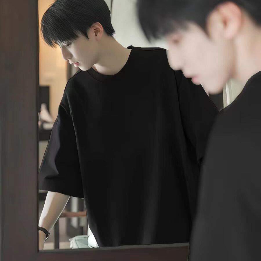 美式正肩重磅t恤男生盐系穿搭ootd短袖三本针纯棉七分袖夏季体恤