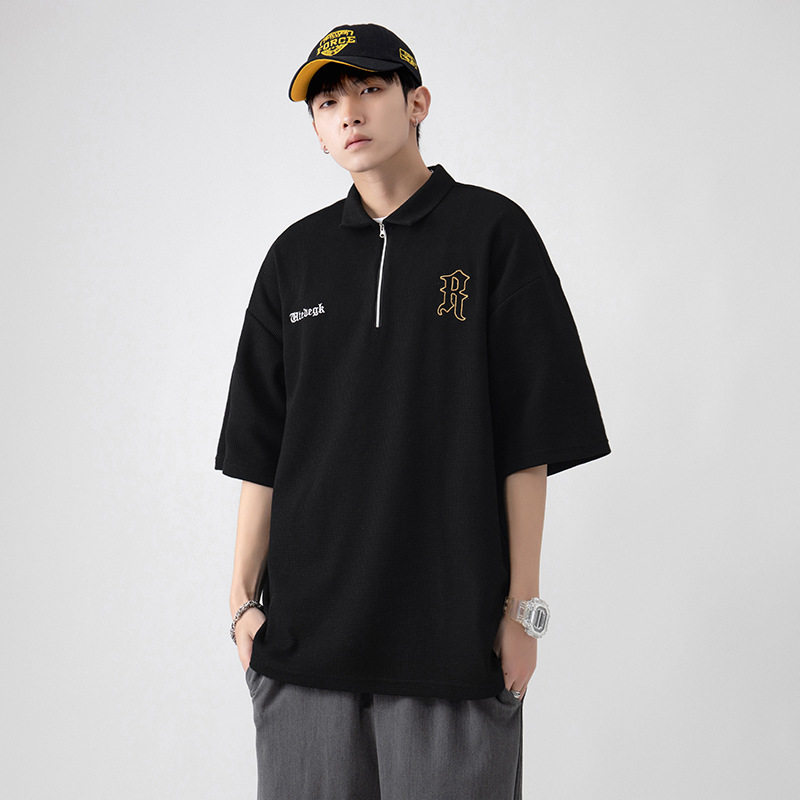 夏季宽松欧码男士潮牌精致刺绣半拉链T恤小华夫格短袖POLO衫