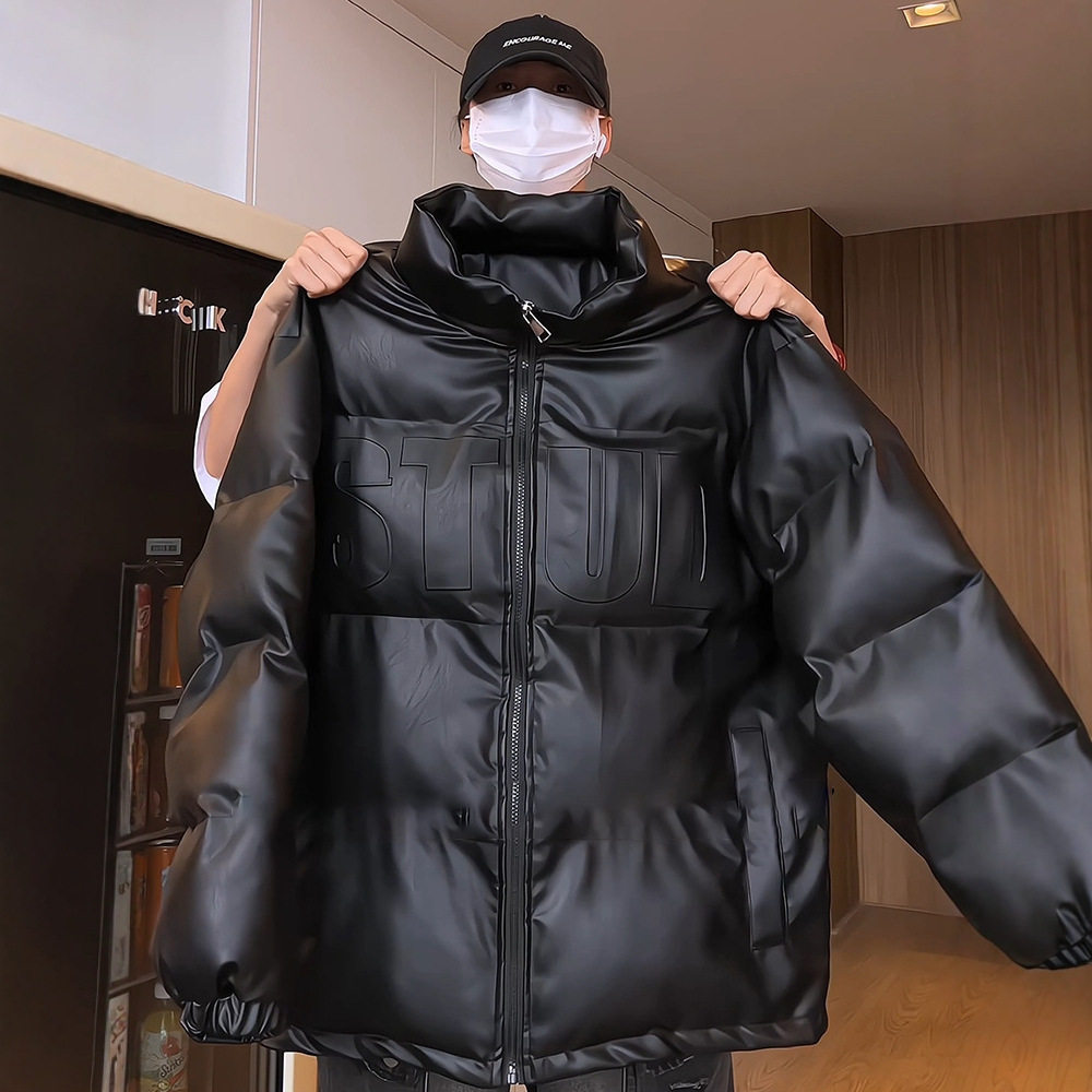 美式高街黑色皮面棉服