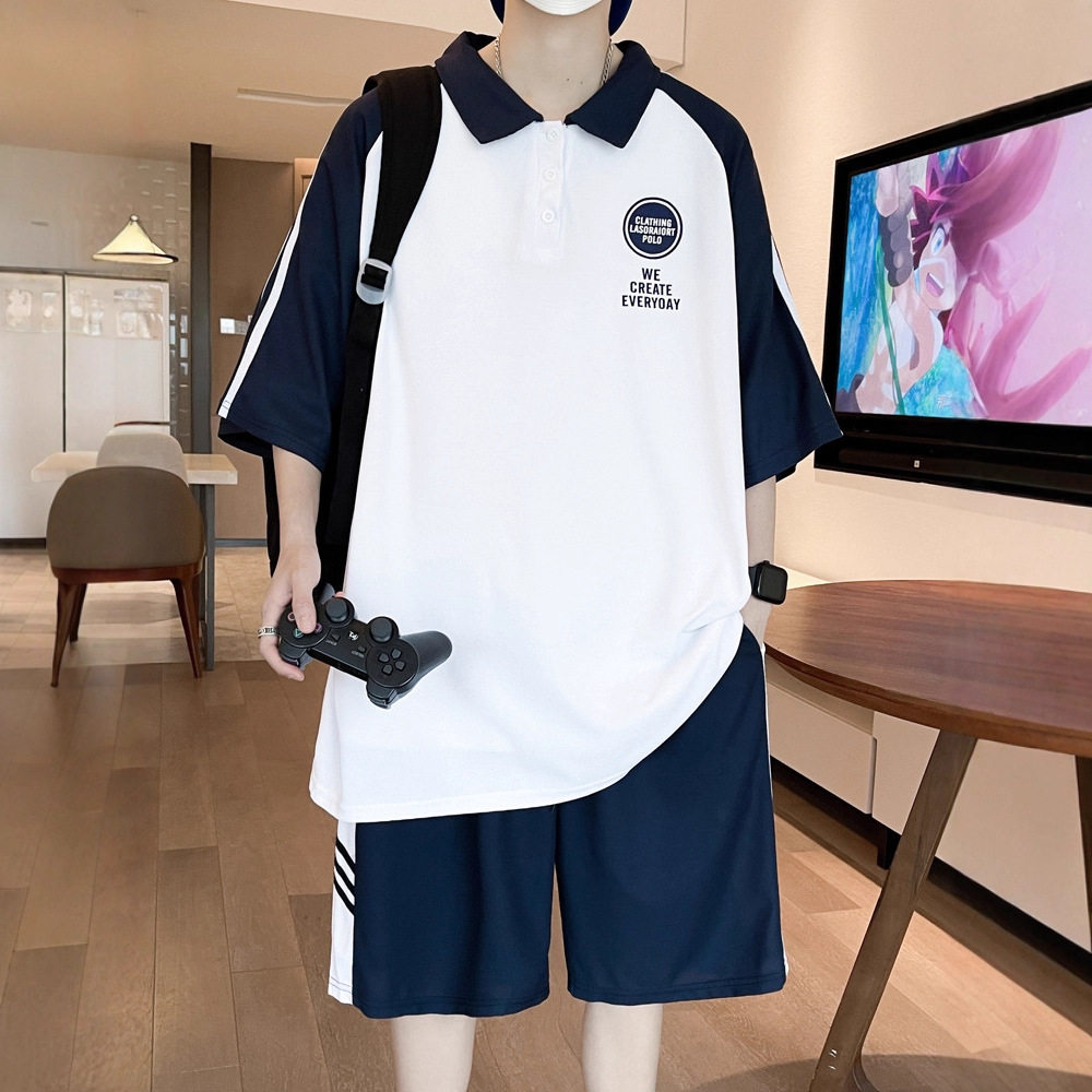 夏季短袖t恤男孩初高中学生潮流帅气POLO衫青少年运动男装一套装