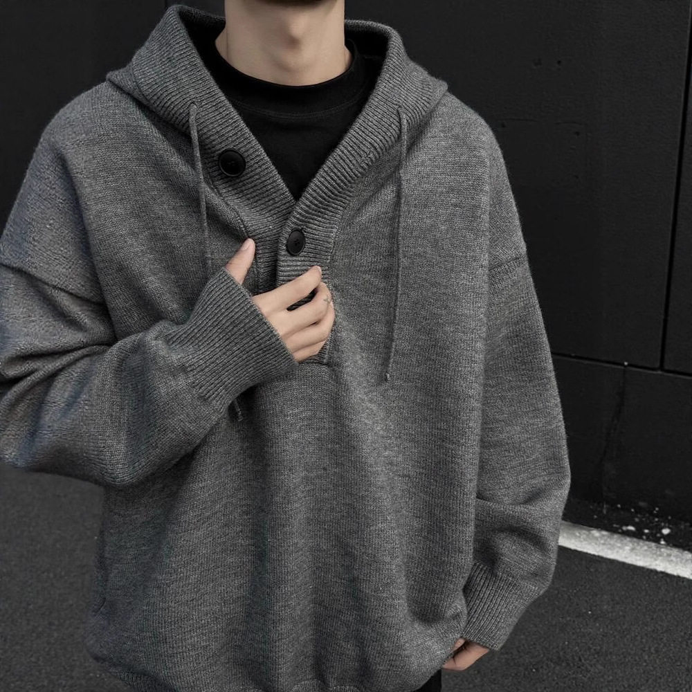 灰色重磅半开衫针织毛衣