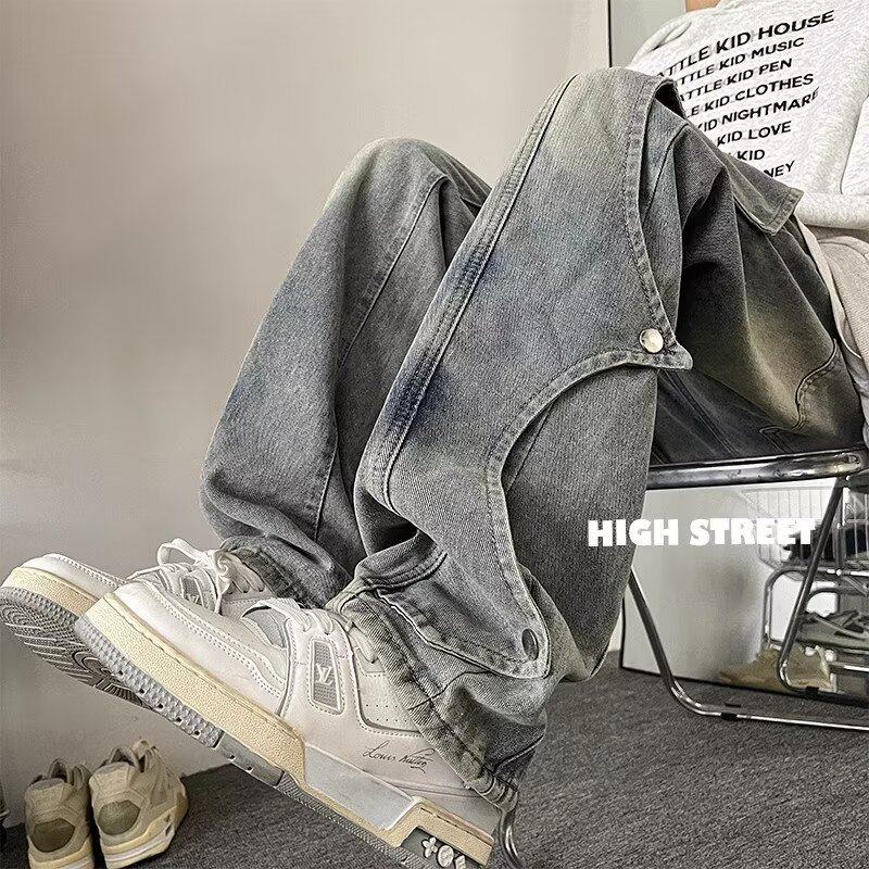 工装牛仔裤男春季美式高街vibe设计感小众痞帅宽松直筒休闲长裤子,男装,牛仔裤,淘宝优惠券,粉丝福利购,淘宝优惠卷
