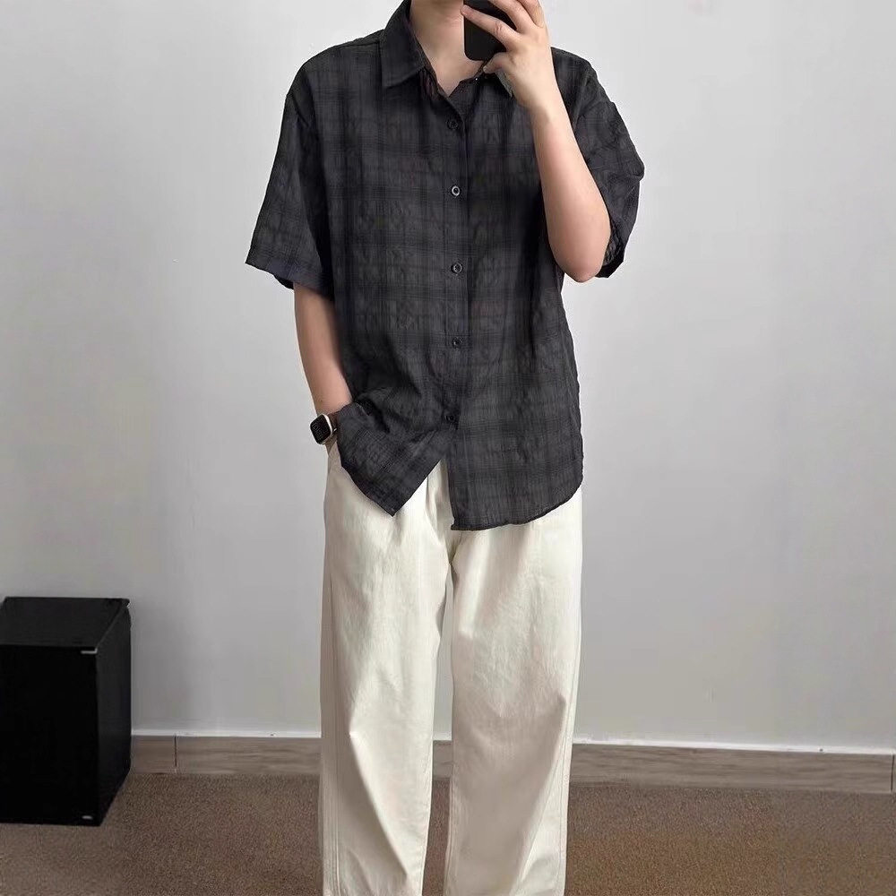 美式复古深灰格子短袖