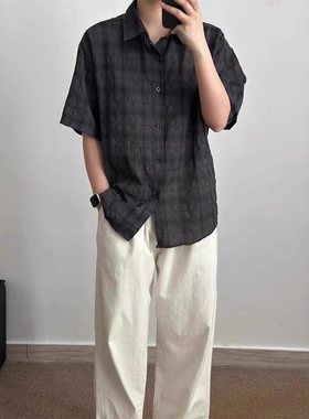 美式复古深灰格子短袖