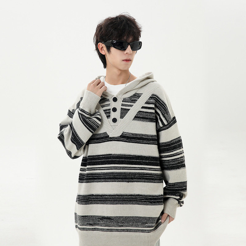 简恒青少年撞色条纹假两件毛衣男秋冬季新款长袖连帽针织衫外套女