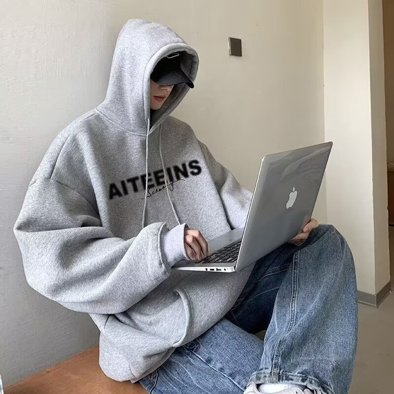 春秋冬灰色加绒连帽卫衣