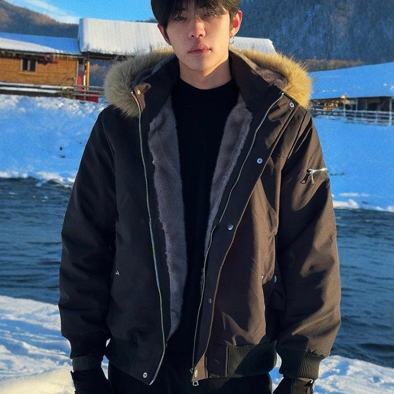美式狼王座山雕加厚毛领棉服
