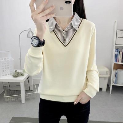 假两件POLO刺绣纯棉长袖T恤女打底衫2025年新款春装宽松卫衣上衣