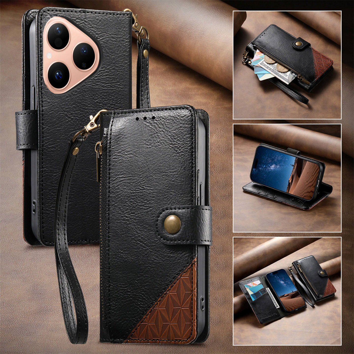 适用华为mate80pro手机壳70带挂绳防摔全包翻盖15保护套Nova14插卡max钱包式插卡Pura80ultra皮套+新款