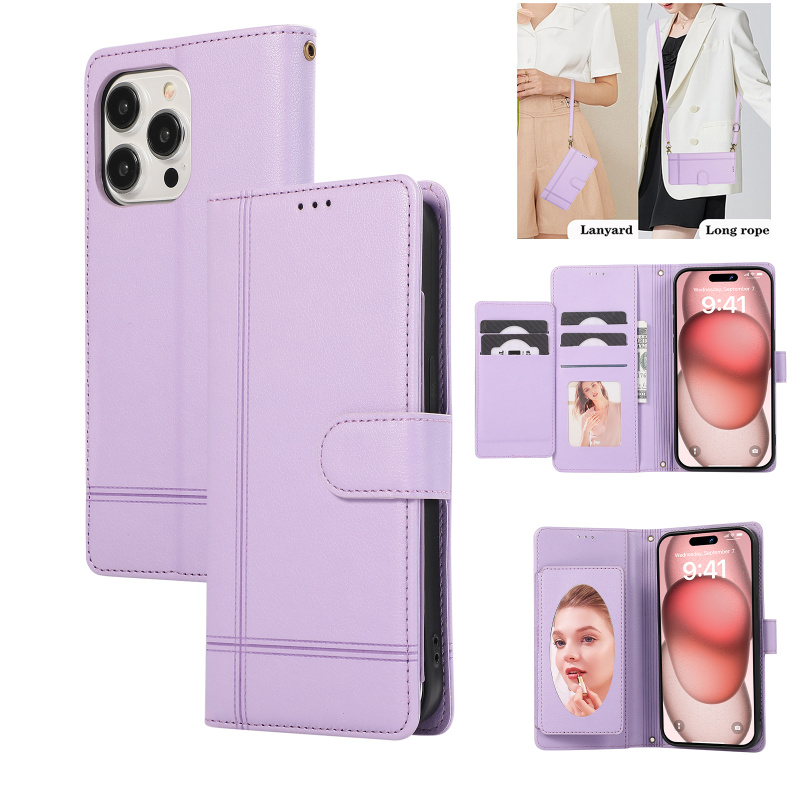 带镜子适用苹果15promax手机壳16E背带14plus斜挎 13全包12mini防摔11保护套XR翻盖XS皮套SE2插卡8钱包7新款