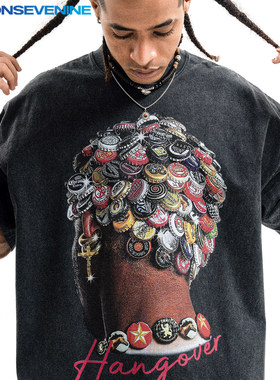 ONSEVENINE潮牌美式街头嘻哈宽松300克重磅纯棉小领口短袖T恤男夏