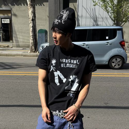 铁锈花刺头复古朋克水洗做旧T恤