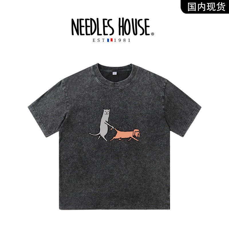 NEEDLES HOUSE小猫遛狗重磅纯棉五分圆领短袖T恤男生青少年正肩t