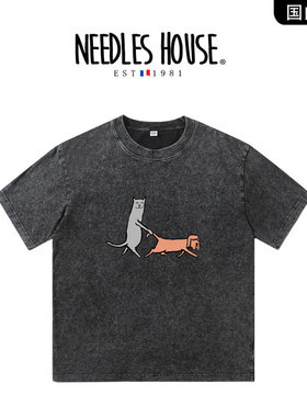 NEEDLES HOUSE小猫遛狗重磅纯棉五分圆领短袖T恤男生青少年正肩t
