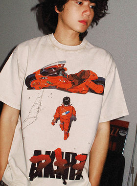 TEE7-日系阿基拉AKIRA水洗做旧T恤重磅纯棉圆领短袖日系覆古宽松