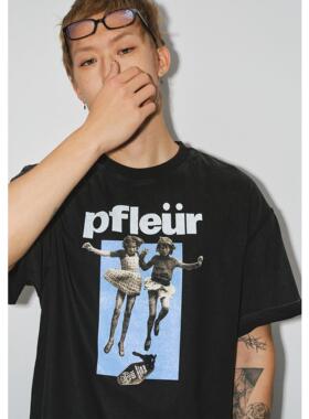 NOVACAM 美式复古vintage蓝色双胞胎印花LOGO水洗黑宽松短袖T恤