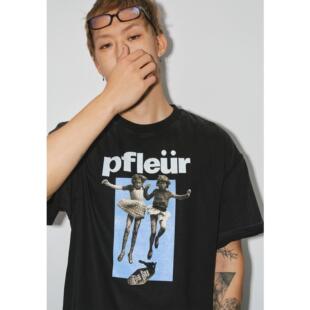 复古vintage蓝色双胞胎印花LOGO水洗黑宽松短袖 T恤 美式 NOVACAM