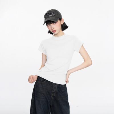 白色圆领正肩短袖t恤女夏