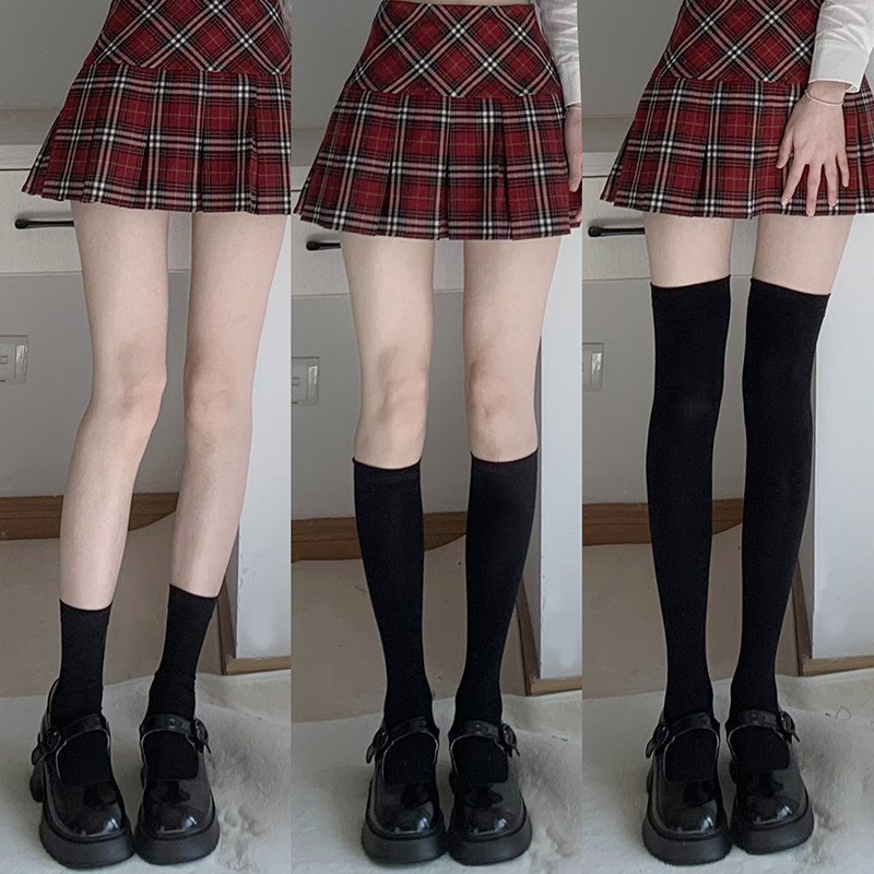 沛起日系jk中筒小腿袜子女压力天鹅绒黑色过膝丝袜长筒袜春夏薄款