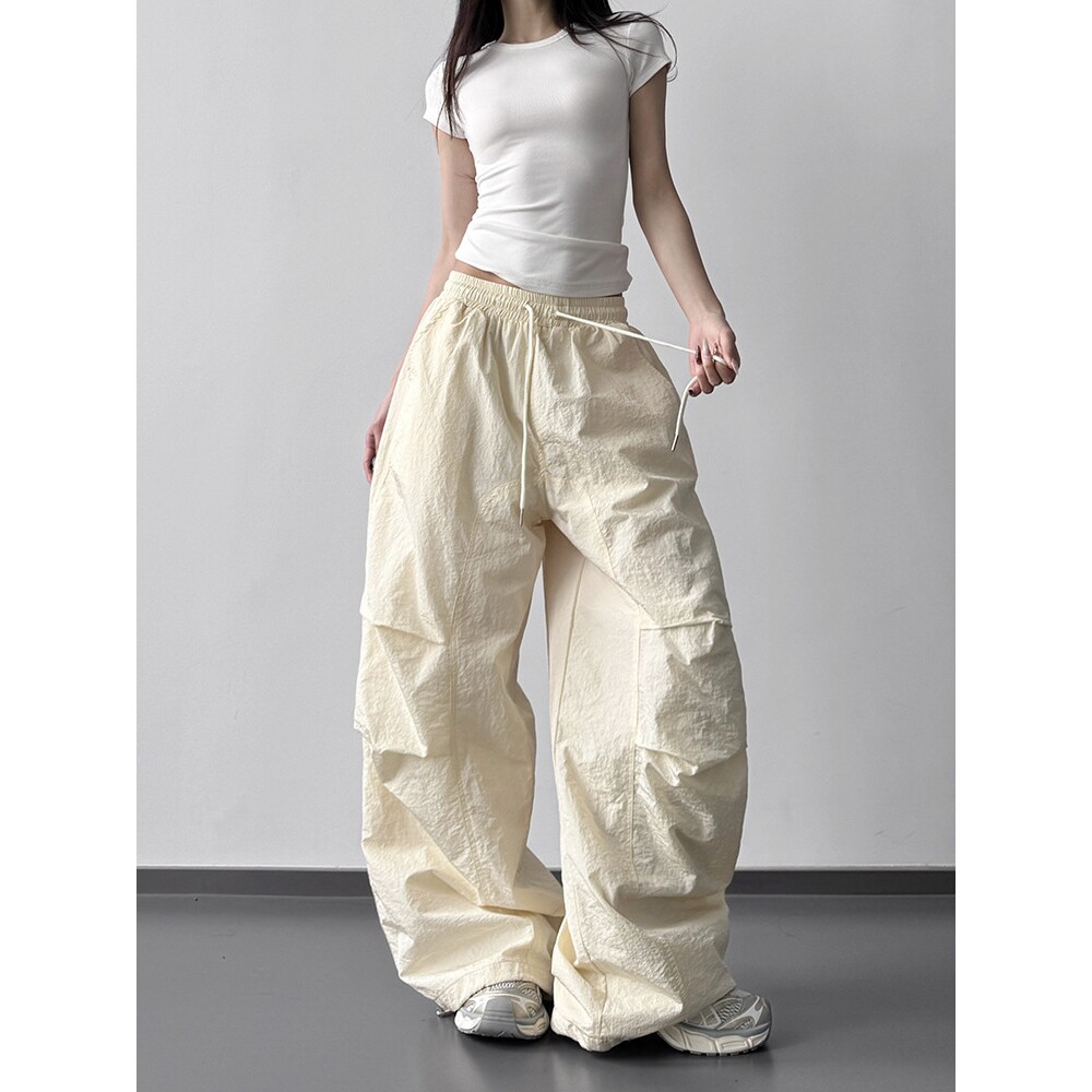 速干休闲裤女2025秋季新款抽绳伞兵工装裤美式复古薄款阔腿裤
